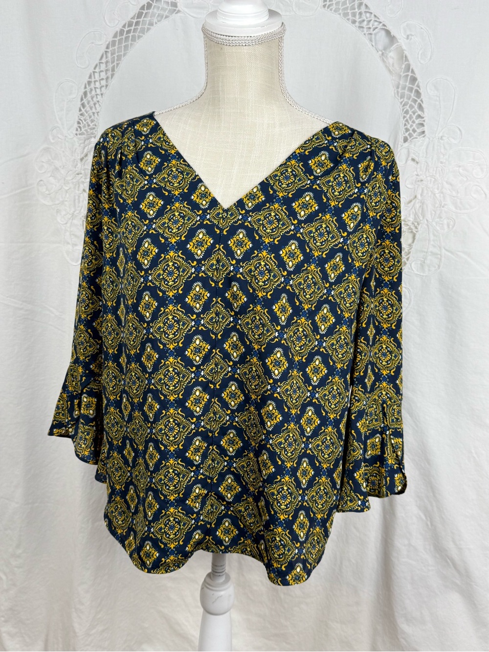 Womens Navy & Mustard Printed V-Neck Blouse by 41 Hawthorn - Size Medium